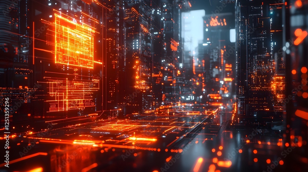Poster glowing futuristic cityscape with abstract data flow and cutting edge design concepts emerging from 