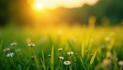 Golden hour light bathes lush meadow, soft focus background, warm, soft focus