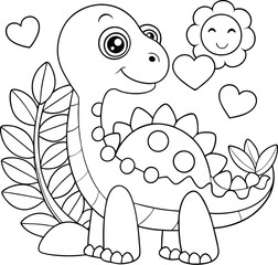Adorable Stegosaurus Dinosaur Coloring Page with Hearts and Flower © Chaya
