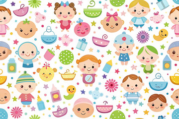 Happy babies, toys, and fruits seamless pattern, perfect for baby shower invitations
