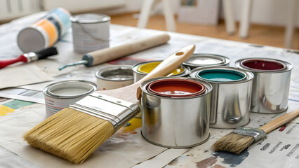 Paint cans and paint brushes on a table in a new house
