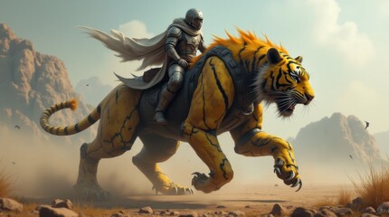 Futuristic Warrior on Mechanical Tiger in Battle