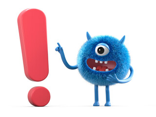 Fluffy, cute monster with an exclamation mark, symbolizing attention or warning. 3D rendering, conceptual image. Isolated on white background.