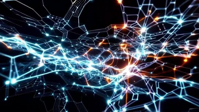 Abstract network data flow, glowing nodes, dark background; tech concept