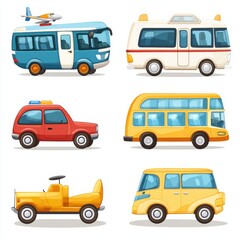 A Collection of Colorful and Diverse Vehicle Illustrations Including Airplanes, Buses, Cars, Vans, and Trucks for Child-Friendly Designs