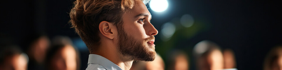 Fototapeta premium Profile Portrait of Man with Blond Hair and Beard in Dim Lighting