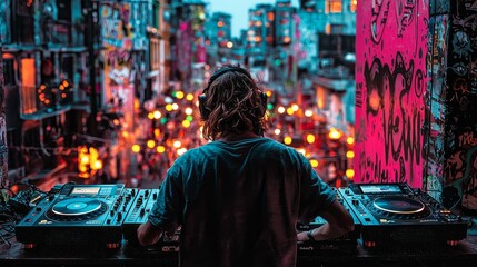 Obraz premium Dj performing edm set against city lights urban rooftop vibrant atmosphere nighttime viewpoint