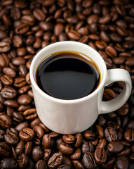Fototapeta premium Composed shot cup of freshly brewed coffee , surrounded by rich, glossy coffee beans