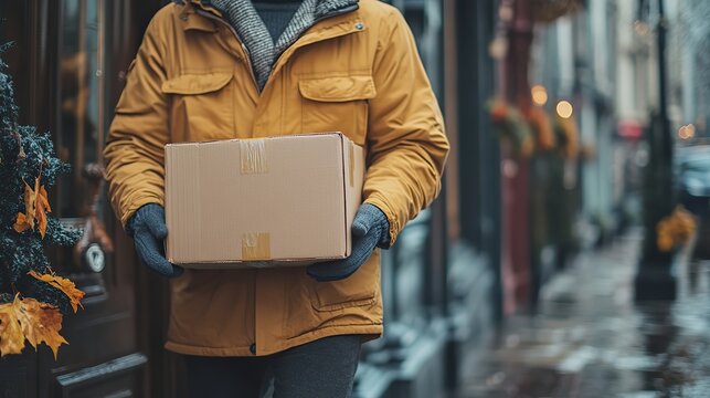 a man in casual attire strides down the street clutching a cardboard box. The image resonates with the delivery or charity service theme, embodying the spirit of community support. - Powered by Adobe
