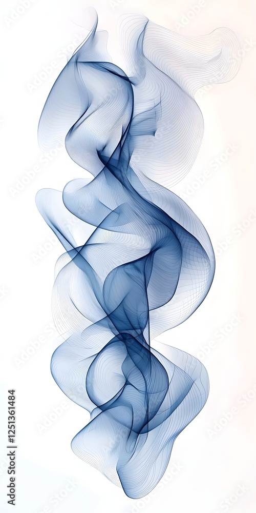 Poster an ethereal blue smoke-like abstract design, featuring flowing curves and delicate lines on a white 