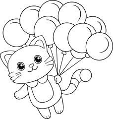 Adorable Cat Coloring Page Floating with Balloons
