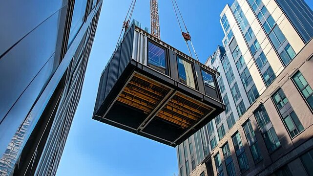 Pre-fabricated home being lifted by crane in urban construction site
