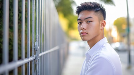 Asian Male High School Student with Short Hair, White and Light Purple Attire, Leaning on Fence, Profile View, Delicate Features, Gentle Gaze, Soft Tones, Blurred City Streets