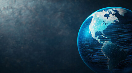 Aerial view of global digital map earth infographic insights on dark background