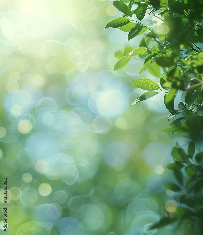 Poster sunlight through green leaves with soft bokeh effect