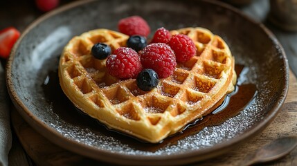 A Mother's Day breakfast idea heart-shaped waffles with fresh fruit and a note for Mom.
