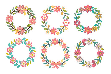 A Bundle of Cute Cercle Flower Wreath Vector Cartoon Illustration