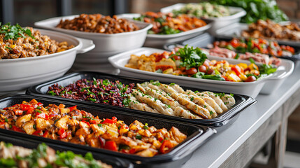 Obraz premium Catering event delicious buffet spread dining hall food display indoor setting aesthetic appeal