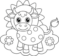 Adorable Cartoon Cow Sun Flowers Coloring Page Illustration