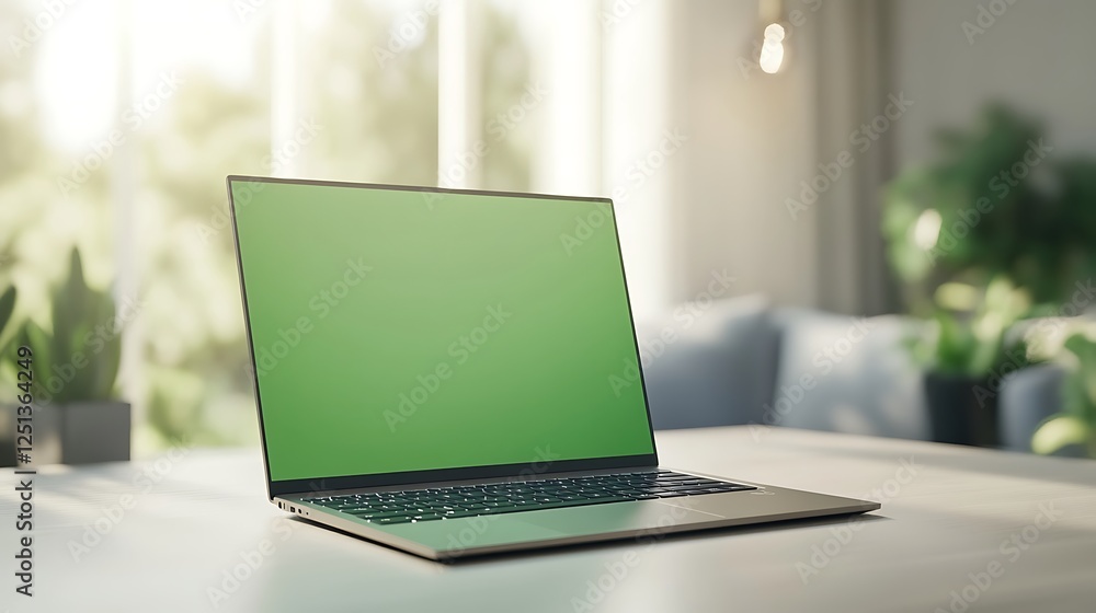 Poster high-performance laptop with a green screen, ideal for tech enthusiasts and creative professionals.