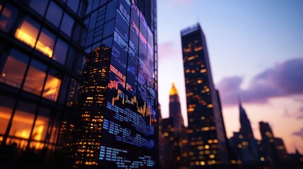 Obraz premium Modern skyscraper reflecting sunset with digital display and city skyline in background