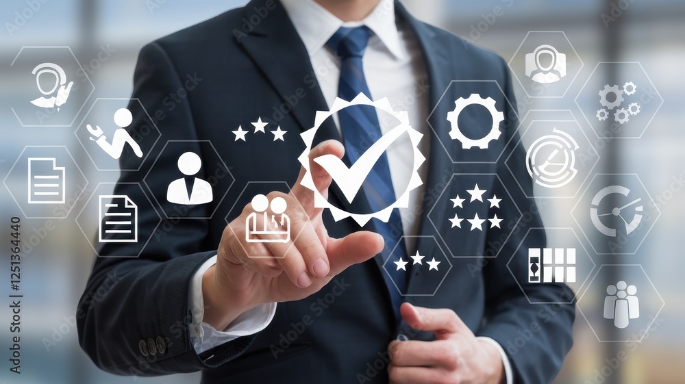 Poster businessman interacting with a holographic interface showing quality assurance and business process 