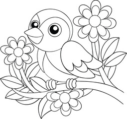 Adorable Cartoon Bird Perched on Branch with Flowers Coloring Page