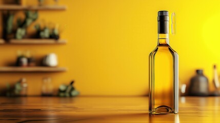 Elegant Bottle of Golden Olive Oil on Rustic Wooden Table