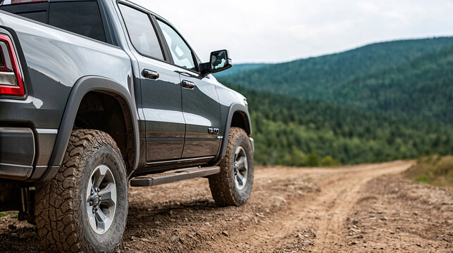 Off-road adventure in nature pickup truck on rugged trail scenic landscape viewpoint