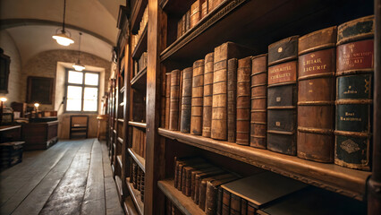 Old books in the library of an old castle. Retro style.
