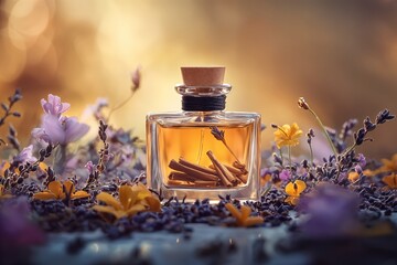 Frasco de perfume rodeado de flores delicadas con ramas de canela visibles en su interior, creando una atm&oacute;sfera c&aacute;lida y arom&aacute;tica.