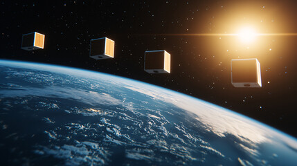 Satellite launch of cubesats into orbit above earth space digital art cosmic perspective