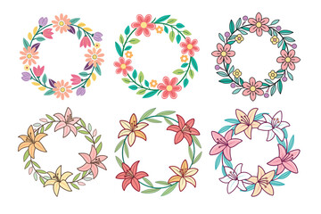 A Bundle of Cute Cercle Flower Wreath Vector Cartoon Illustration
