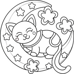 Cute Kitten Astronaut Sleeping on Crescent Moon, Stars, Flowers