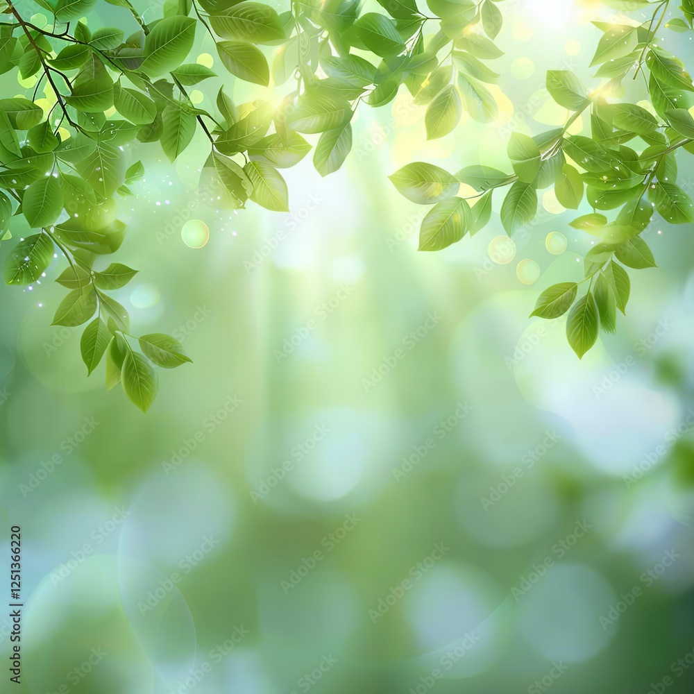 Poster sunlight filtering through green leaves with bokeh effect