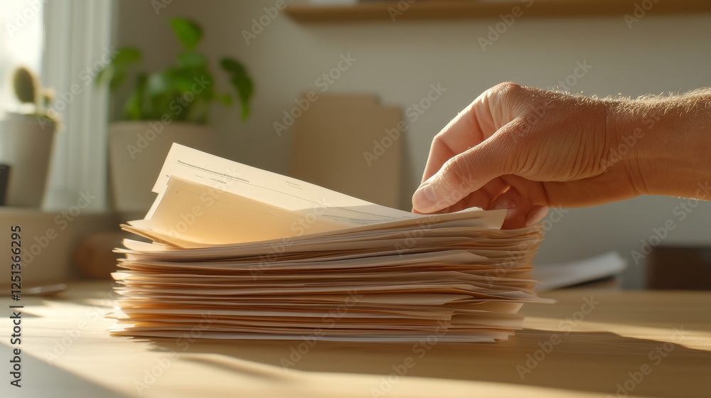 Aufkleber organized stack of documents being sorted by hand in bright workspace. warm light enhances focus on 