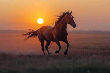 Obraz premium Horse running in field at sunset