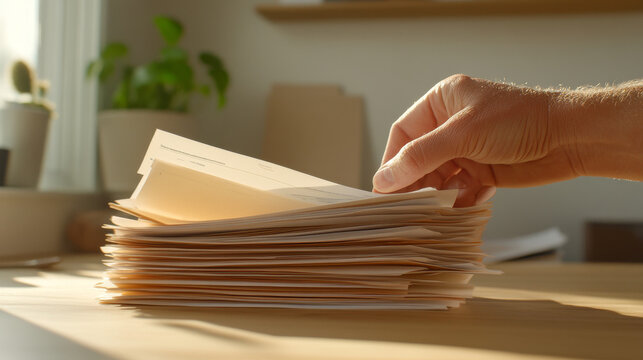 Organized stack of documents being sorted by hand in bright workspace. warm light enhances focus on papers, creating productive atmosphere