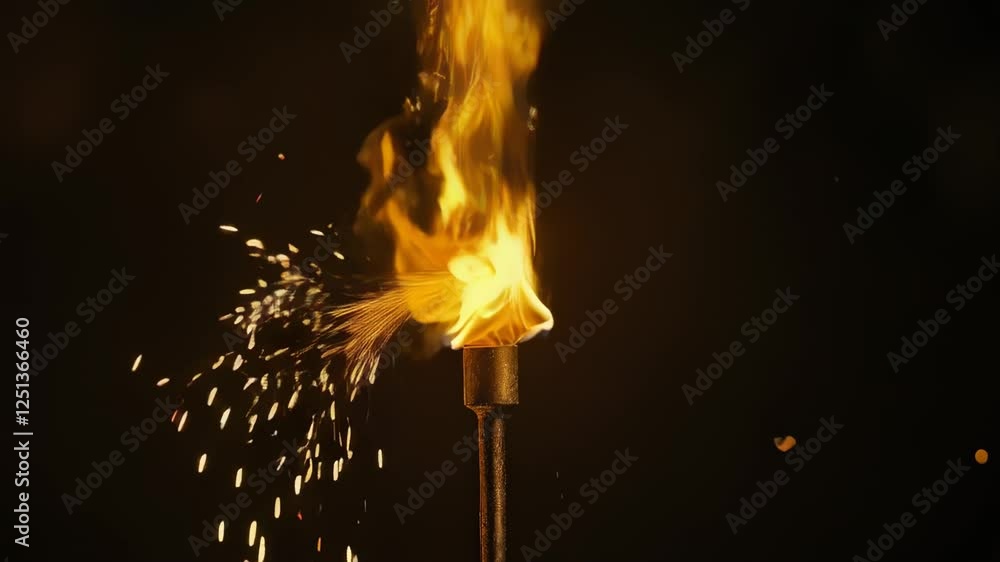 Poster bright flames rising from a torch, creating sparks and illuminating the dark night with a warm glow,