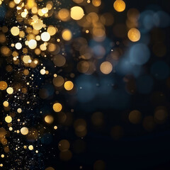 Golden bokeh lights and sparkles adorn the left side of a dark backdrop, creating an elegant and festive atmosphere for holiday or celebration themes.