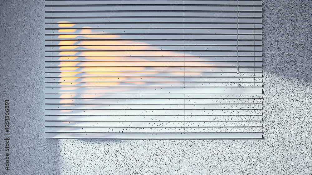 Poster window with a slat pattern and a sliver of light shining through it. the light is casting a shadow o