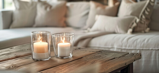 A coffee table features two glass candle jars on top, set against a white-toned sofa with soft cushions, creating a warm and comfortable atmosphere.