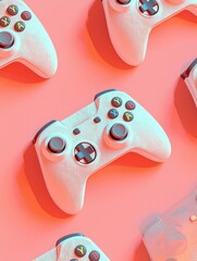 Off-white game controllers arranged on a coral pink background _title