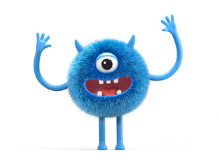 Fluffy, cute monster with raised arms, symbolizing excitement or victory. 3D rendering, conceptual image. Isolated on white background.