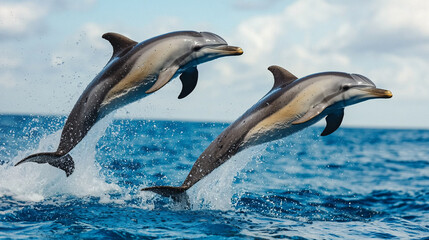 Obraz premium Dolphins leaping playfully in clear ocean waters marine environment nature