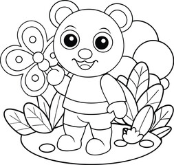 Adorable Panda Cub Coloring Page with Butterfly and Flowers