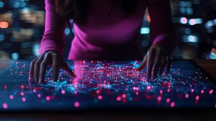 Woman interacts with holographic city map on a large touchscreen.
