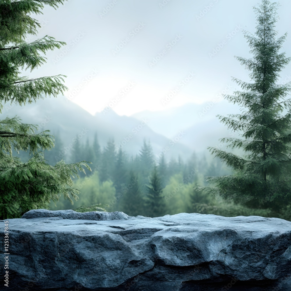 Aufkleber serene forest view from a stone ledge with misty mountains and evergreen trees backdrop