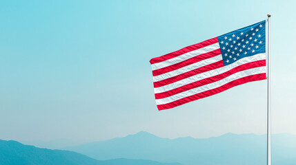 Obraz premium Waving american flag in scenic mountains nature background outdoor patriotism