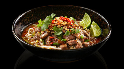 Fototapeta premium Traditional Thai Kuay Teow Reua with Beef, Herbs, Lime, and Spices in Elegant Black Bowl